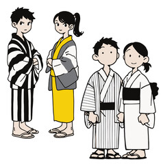 浴衣のカップルのシンプルイラスト