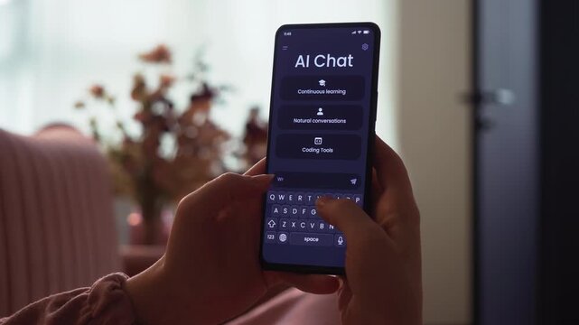Coder using AI chat bot as programming aid. Artificial intelligence writes PHP code and helps human at his work. Fictional Interface.