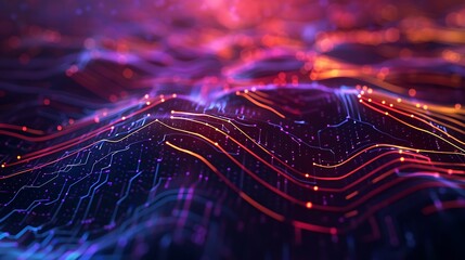 Animated circuit lines forming a digital landscape 