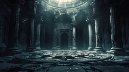 A dimly lit ancient chamber with crumbling stone pillars and a circular stone platform