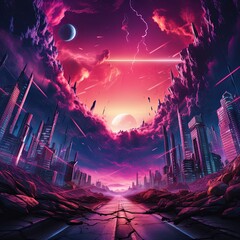 Obraz premium Futuristic cityscape at night with tall buildings, red cloudy sky, lightning, and highway. Empty road adds to the anticipation. 3D rendering in retro futurism style.