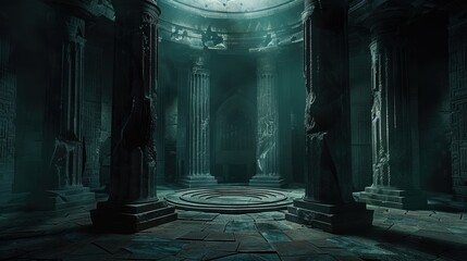 A circular stone platform surrounded by tall columns stands in the center of a