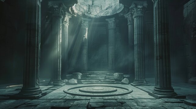 Sunbeams illuminate the interior of an ancient temple casting ethereal light on the stone