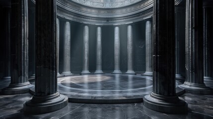A dimly lit ancient chamber with stone pillars and a circular platform