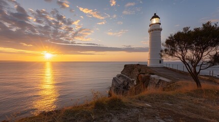 Naklejka premium Majestic Sunrise View of Historic Lighthouse on Cliff with Golden Light - Wide-Angle Shot with Deep Depth of Field
