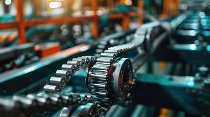 Fototapeta premium Conveyor Belt Gear Chain Drive Shaft in Manufacturing Process