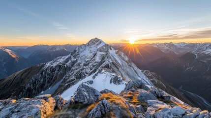 Majestic Snow-Capped Mountain Range Glowing at Sunrise - Awe-Inspiring Wide-Angle Shot with Dramatic Light