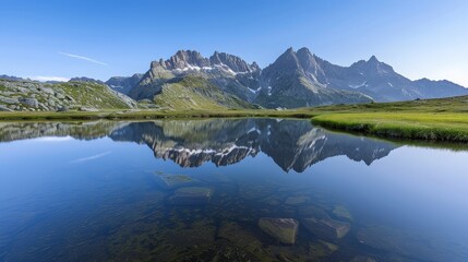 Tranquil Alpine Bliss: Serene Lake with Mountain Reflections in Early Morning Panoramic View