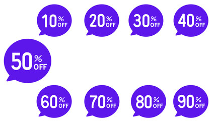 Different discount price 10, 20, 25, 30, 40, 50, 60, 70, 80, 90 percent Promotion sticker badge set for shopping marketing and advertisement. vector illustration