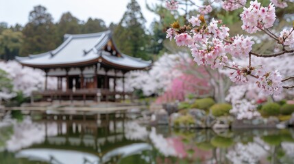 Obraz premium Serene Beauty of Spring: Japanese Garden Bliss with Cherry Blossoms in Full Bloom under Afternoon Light