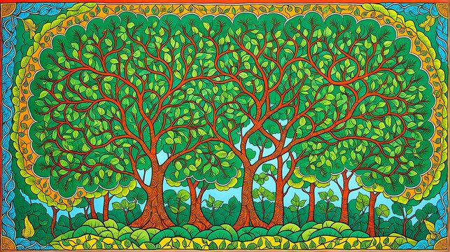 Illustration of an abstract interpretation of a forest canopy, featuring intricate, overlapping geometric shapes. Patachitra Painting style. 3