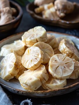Chunks of cooked fruit bread arranged on a dish against a dark backdrop.