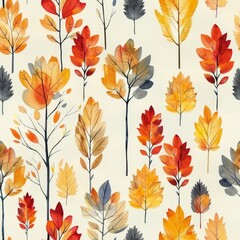 Obraz premium A painting of trees with leaves in various colors, including red, orange