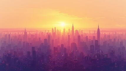 Fototapeta premium A breathtaking skyline view during sunset, showcasing vibrant colors over a city silhouette filled with iconic buildings.