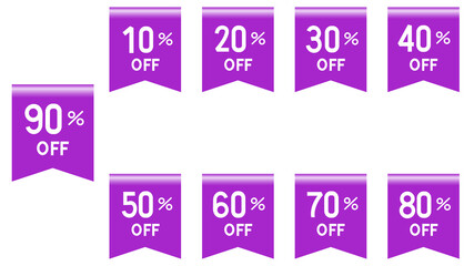 Different discount price 10, 20, 25, 30, 40, 50, 60, 70, 80, 90 percent Promotion sticker badge set for shopping marketing and advertisement. vector illustration