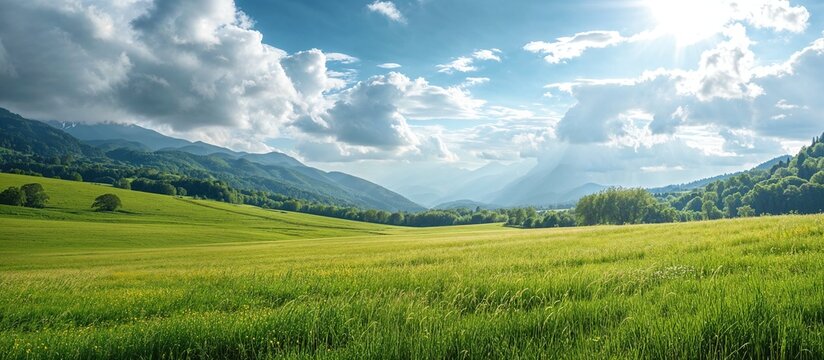 Beautiful Panorama of Rolling Green Fields. Spring or Summertime Background with White Fluffy Clouds and Natural Landscape.