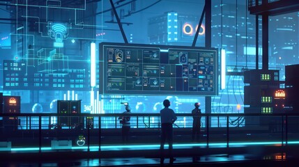 urban smart grid monitoring station where engineers use IoT devices to manage and optimize city energy usage through a digital interface