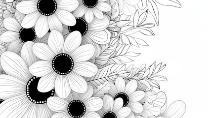 Artistic floral patterns set against a backdrop of blooming gardens, showcased in a black and white design with crisp lines and clean outlines, tailored for a very easy coloring experience.
