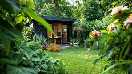 backyard garden shed converted into a peaceful office space, surrounded by lush greenery and blooming flowers