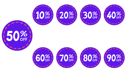 Different discount price 10, 20, 25, 30, 40, 50, 60, 70, 80, 90 percent Promotion sticker badge set for shopping marketing and advertisement. vector illustration