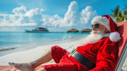 Obraz premium Santa Claus Relaxing on Tropical Beach in Red Suit and Sunglasses