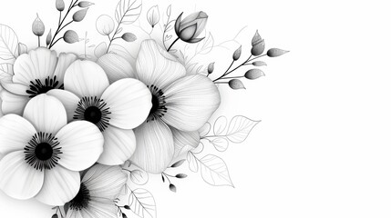 Artistic arrangements of dried and pressed flowers crafted into intricate floral designs, depicted in black and white for effortless coloring book illustrations. The illustrations boast crisp lines