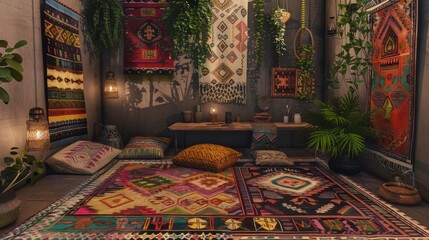 bohemian-inspired workspace with a low sitting desk, colorful rugs, and hanging plants