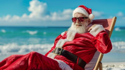 Obraz premium Santa Claus Relaxing on Tropical Beach in Sunglasses and Full Costume