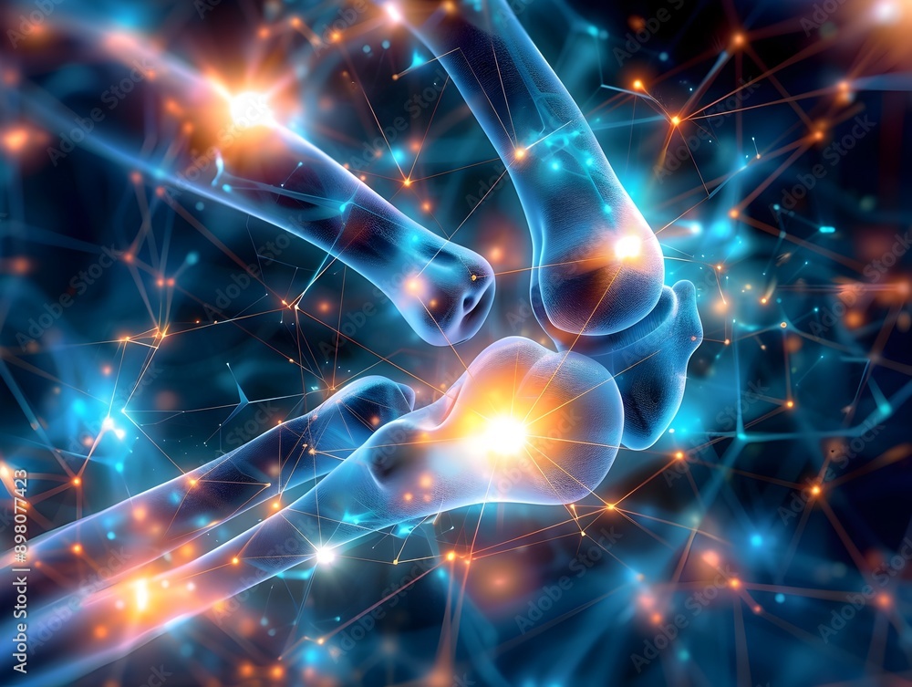 Poster patella joint composed of ethereal dissolving particles with fluorescent glow and optical flares
