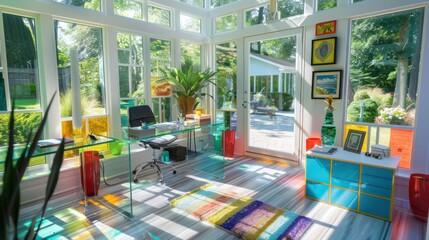 bright sunroom with floor-to-ceiling windows converted into a vibrant office, with a glass desk and colorful accents