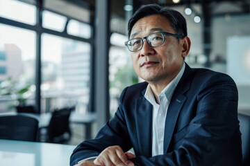 Fototapeta premium Portrait of an Asian CEO during a meeting, Generative AI