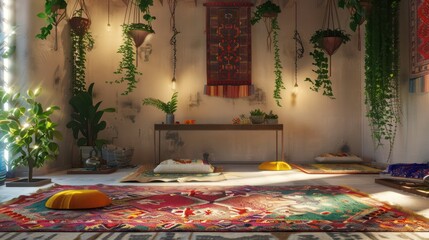 bohemian-inspired workspace with a low sitting desk, colorful rugs, and hanging plants