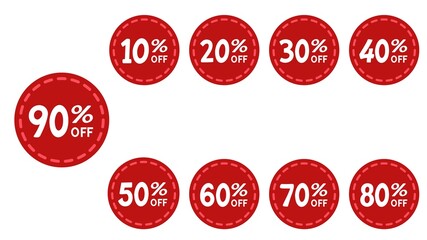 Sale tag speech bubble red shape with different discount set. 10, 20, 30, 40, 50, 60, 70, 80 and 90 percent price clearance sticker badge banner label vector illustration isolated on white