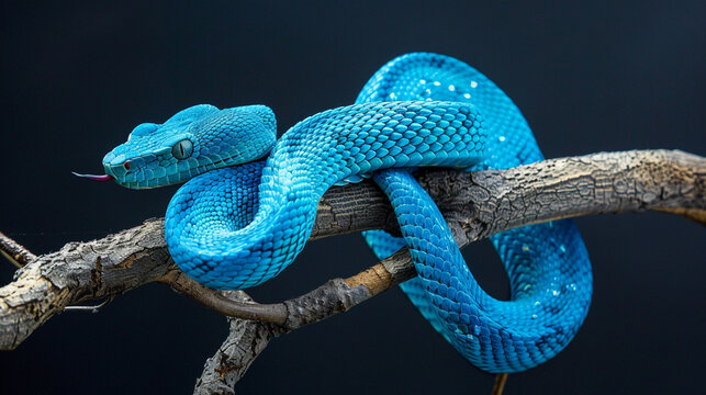 A blue viper snake on a on a viperous branch of tree, black background