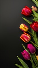 Obraz premium Multicolored tulips on a black stone background with space for text. Fresh, bright spring flowers, pink, red, white tulips. Copy space. Text space. High quality.