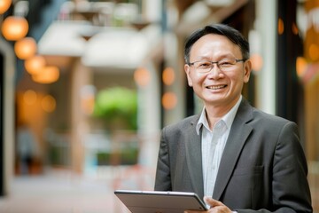 Portrait of an Asian CEO holding a tablet, Generative AI
