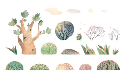 Cute set of trees in childish style. Watercolor illustration.