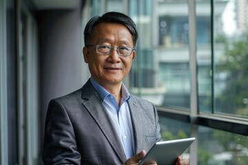 Fototapeta premium Portrait of an Asian CEO holding a tablet, Generative AI