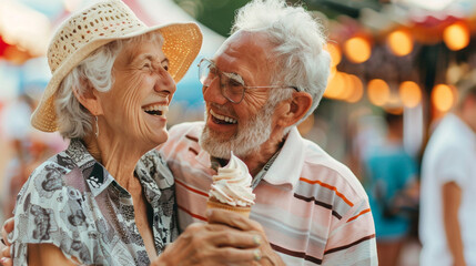 Beautiful sweet happy retired senior couple laughing, smiling, and eating ice cream in amusement park during festival