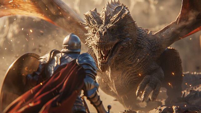  An epic battle of a knight and dragon, movie scene style