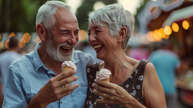 Beautiful happy retired senior couple laughing, smiling, and eating ice cream in amusement park during festival