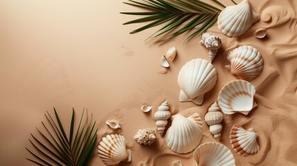 Top view of a beach with palm leaves, seashells, and sunglasses on the sand, perfect for summer vacation designs, providing a concept for beach holiday and travel agency advertisements
