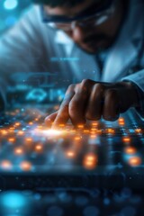 Close-up of a scientist interacting with a digital interface, showcasing innovation and technology in research and development.