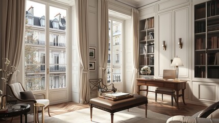 Fototapeta premium chic Parisian apartment with a bespoke home office nook, featuring elegant furniture and classic French windows