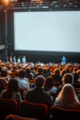 People in the cinema auditorium with Cinema blank wide screen and red chairs in the cinema hall,People silhouettes watching movie performance,empty white screen,space for text.