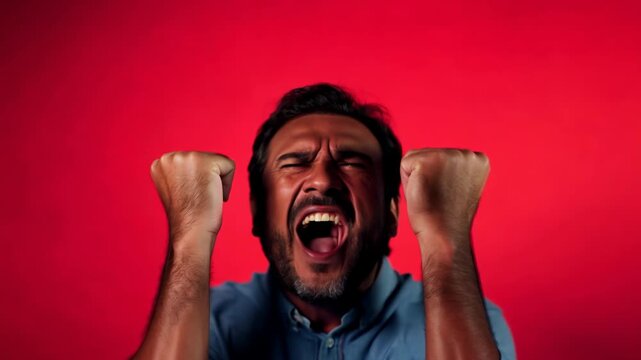 Man expressing intense anger with clenched fists and shouting in front of a red background
