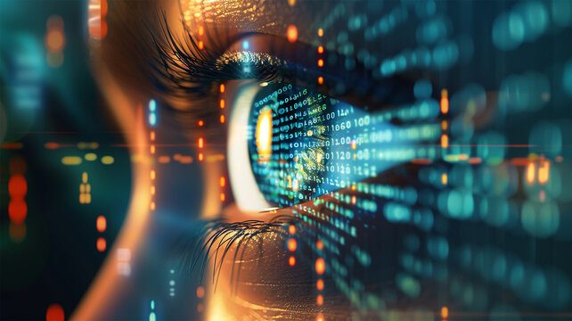Close up of eye with binary code. Biometrics and computing concept. Binary codes