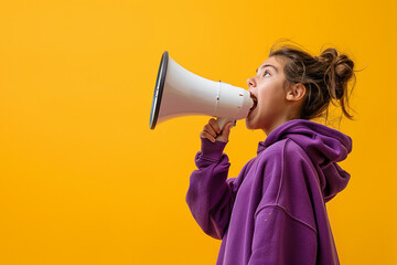 A young girl in a purple hoodie shouting into a megaphone against an orange background, symbolizing communication and empowerment.