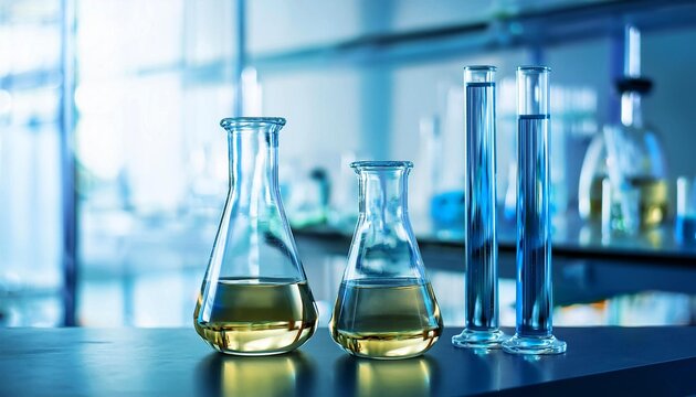 Close-up of laboratory glassware with colorful liquids, showcasing beakers and test tubes in a modern lab environment.