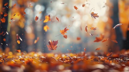 Autumn leaves in vibrant hues of red, orange, and yellow create a stunning background. Captures the essence of fall with colorful foliage and natural light. Space for text.